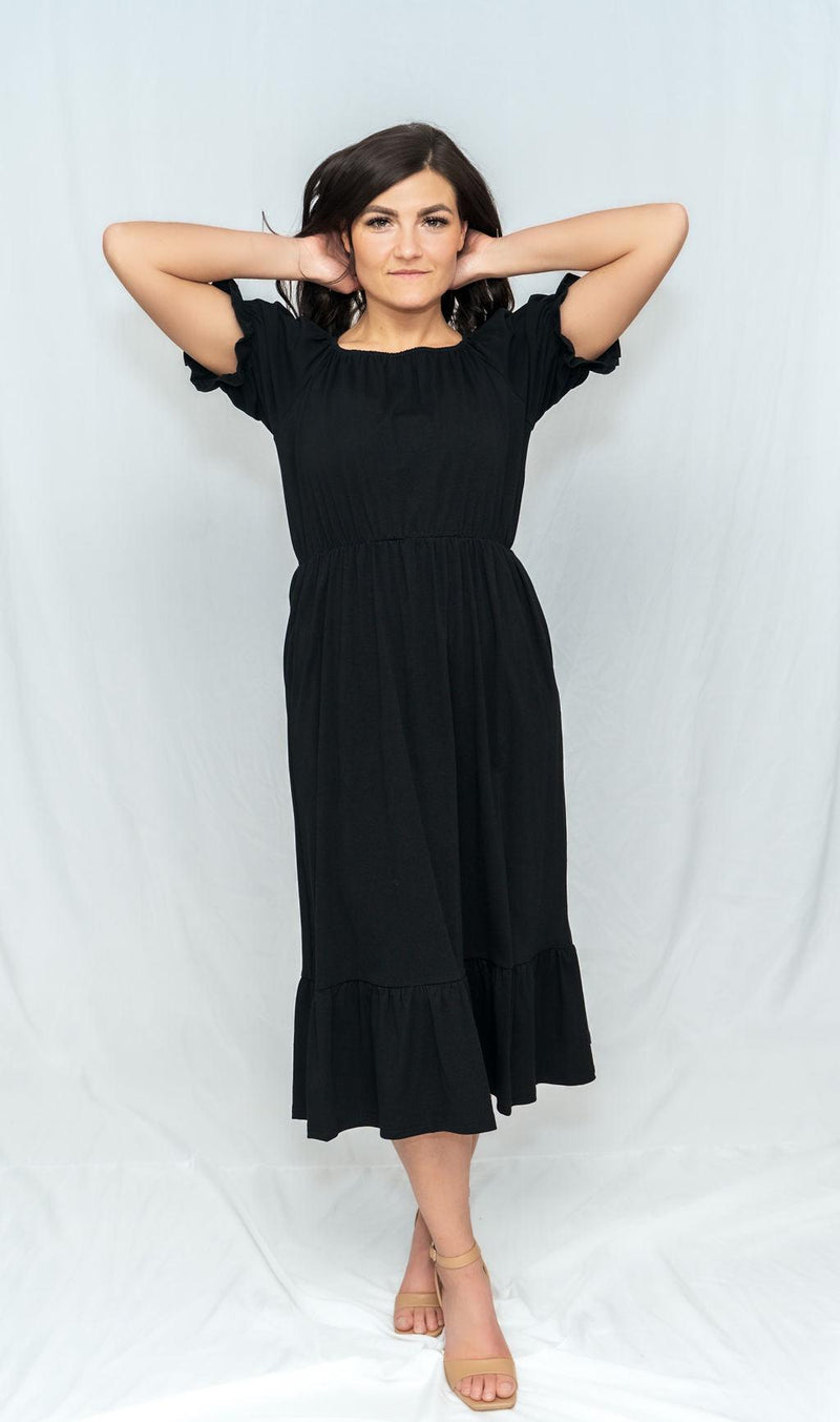 Amy Black Puff Sleeve Midi Dress - Mauve Street