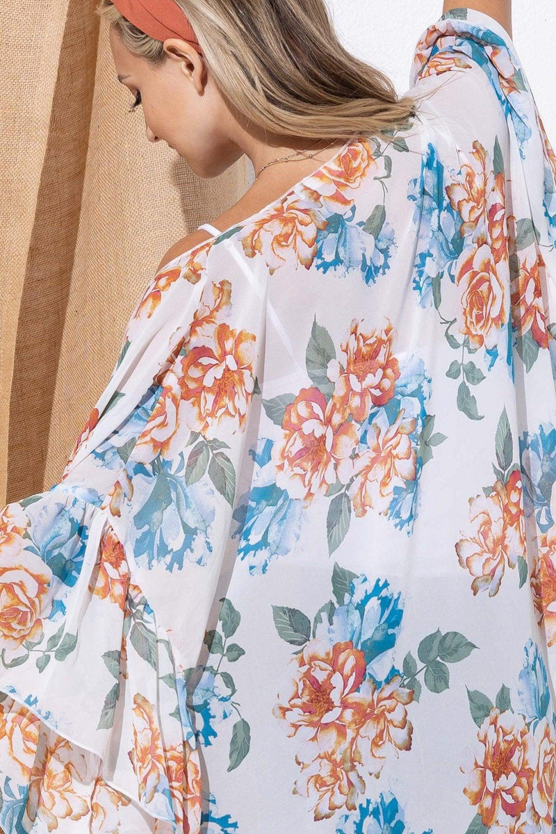 Ivory Blue Floral Print Kimono - Mauve Street